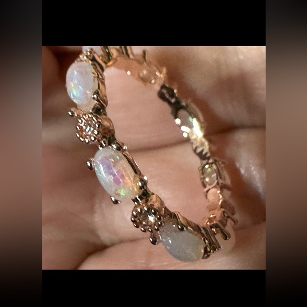 Opal Ring simulated diamonds 14k rose Gold Eternity ring - Picture 2 of 5